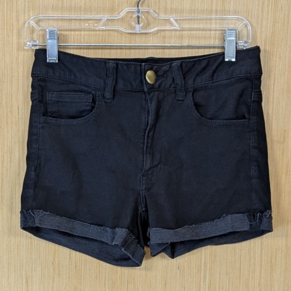 American Eagle Hi-Rise Shortie Grunge Black Sateen Super Stretch‎ Denim Shorts 6